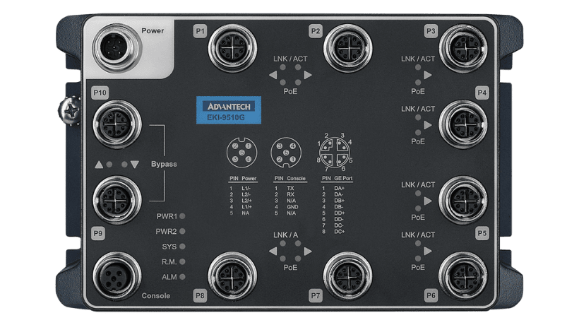 EKI-9510 series switches, built for railway applications, feature rugged IP67 design, M12 connectors, PoE options, and comply with EN50155 & IEC61373.